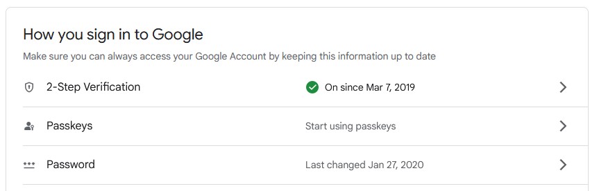 Google account Security page, showing authentication options.