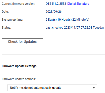 The QNAP QTS control panel firmware update dialog.